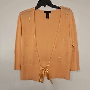 APOSTROPHE pale peachsatin tie sequin embellished open cardigan Med. Romantic